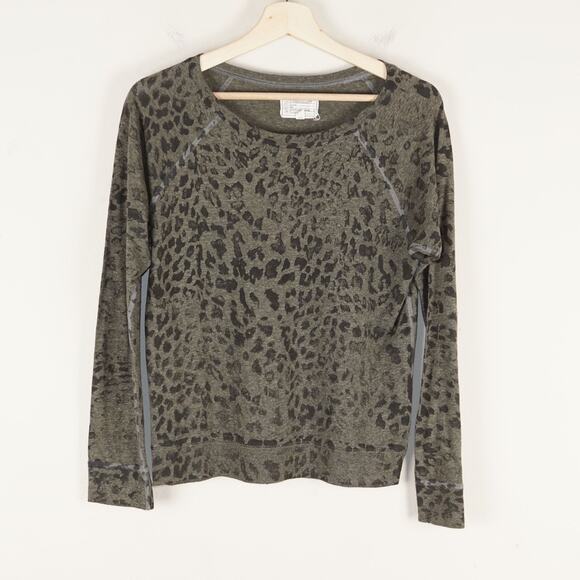 Current Elliott Army Green Heather Charcoal Leopard Print Long Sleeve Top 1 / S - Picture 1 of 7